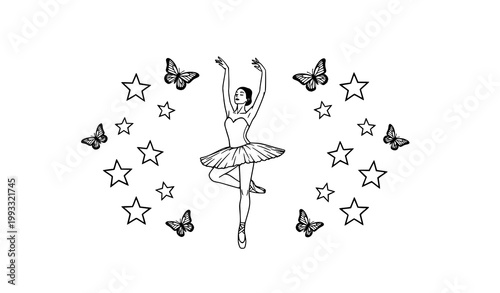 Symmetrical ballerina pose with stars and butterflies black and white minimal vector design