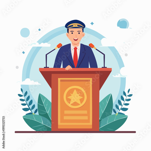 Man in Suit and Cap Speaking at Podium with Microphones