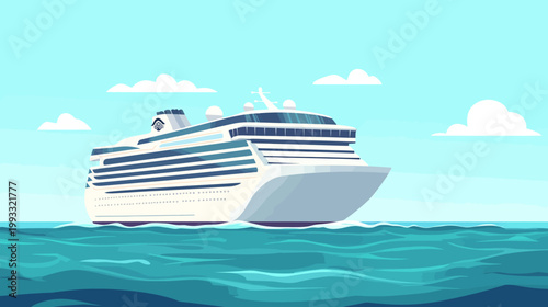 Pixelated artwork depicts a cruise ship sailing on a blue sea under a clear sky