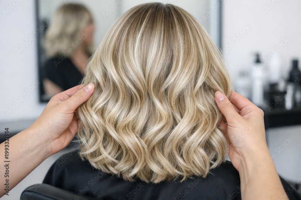 Fototapeta premium Wavy blonde hairstyle viewed from back in salon chair. Ai generative