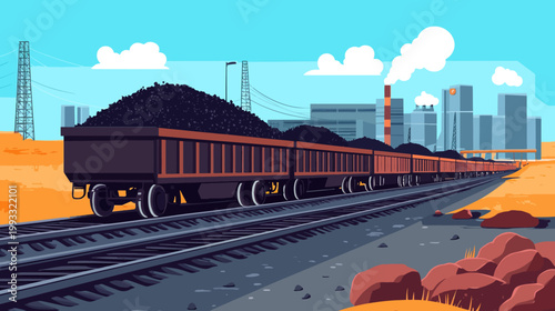 Pixelated artwork depicts a coal train moving towards an industrial plant under a blue sky