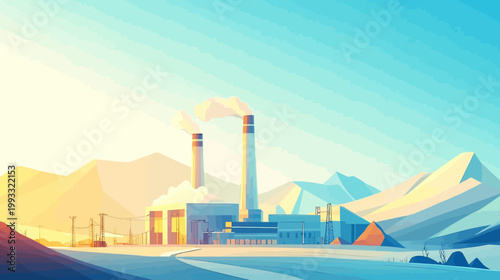 Geometric illustration of a factory emitting smoke, set against a mountainous background