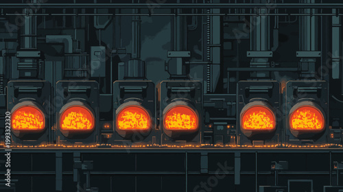 Digitized industrial furnace depiction. Intense orange flames contrasted with cool, mechanical components
