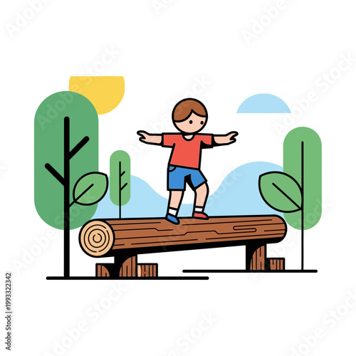 Boy Balancing on a Log Outdoors.