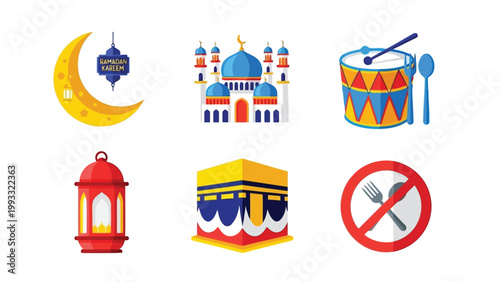 Symbols and icons representing ramadan and eid traditions and restrictions Vector