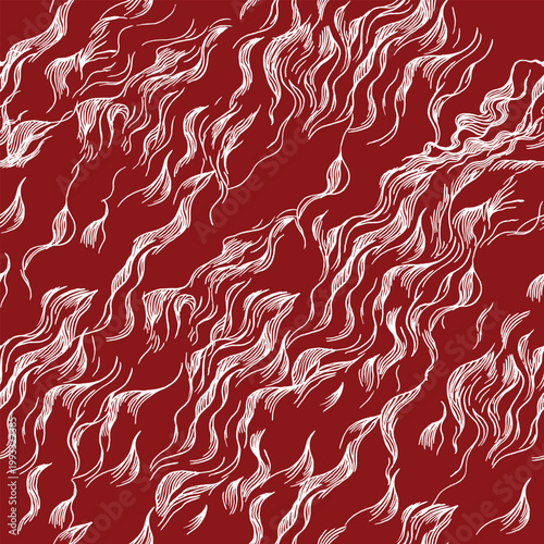 Seamless hand drawn Japanese inspired fire pattern. Abstract woodcut style featuring flickering white brush line flames on a deep red background. Traditional artisan textile texture.