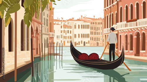 Illustration of a gondolier rowing a boat down a canal, between buildings
