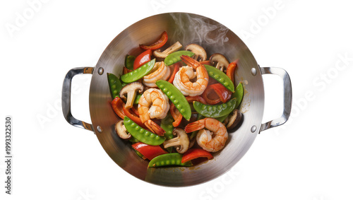 Obraz na plátně Stainless wok filled with shrimp peas peppers, and onions