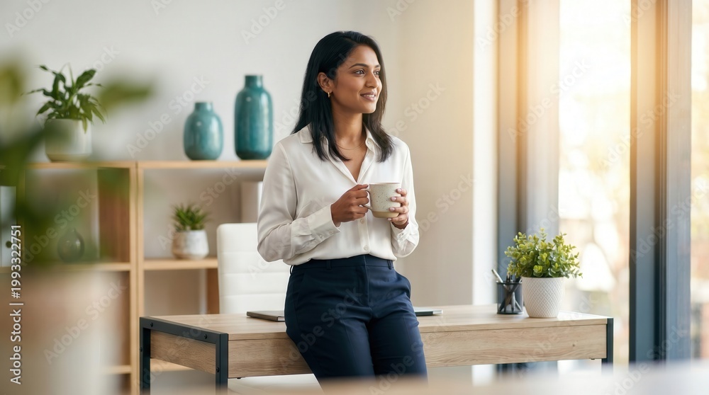 Fototapeta premium Successful Indian businesswoman holding coffee mug and leaning on office desk. Professional female entrepreneur taking a mindful break and thinking about business future.
