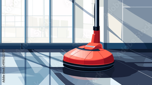 Digital art featuring a red curling stone resting on a glossy floor, large windows in the background