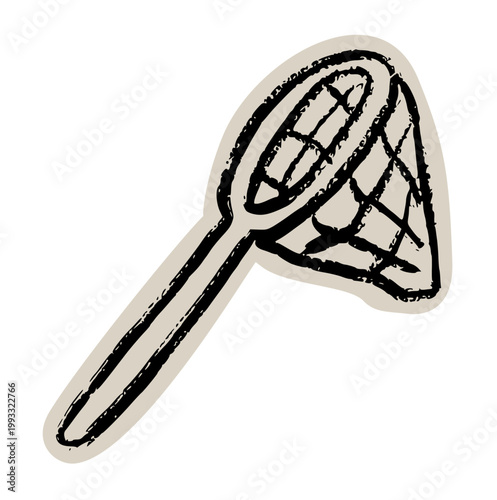 butterfly net scrapbook collage style, fishing scoop, bug catcher, insect trap, wildlife tool, nature exploration, garden hobby, aesthetic junk journal torn paper