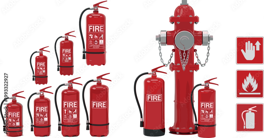 Obraz premium Fire Safety Equipment Set with Fire Extinguishers Hydrant and Emergency Signs for Industrial, Commercial, and Home Protection Vector Illustration