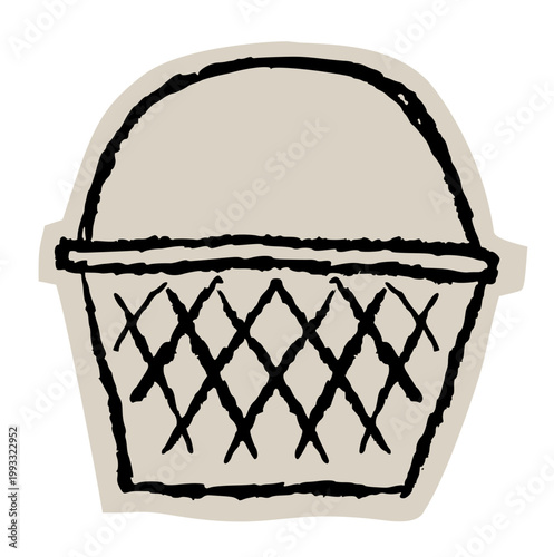 basket scrapbook collage style, wicker container, picnic hamper, storage bin, woven carrier, shopping accessory, kitchen holder, aesthetic junk journal torn paper