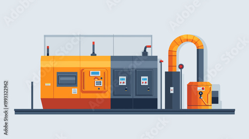 A brightly colored, vector illustration of industrial machinery. The graphic has clean lines and blocky shapes