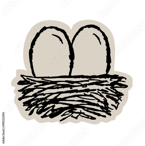 bird nest scrapbook collage style, eggs incubation, hatchling home, twig shelter, avian nursery, straw basket, wildlife nature, aesthetic junk journal torn paper