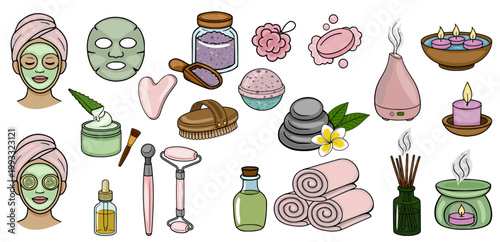 Spa and beauty vector illustration set, including facial masks, oils, candles, and aromatherapy diffuser