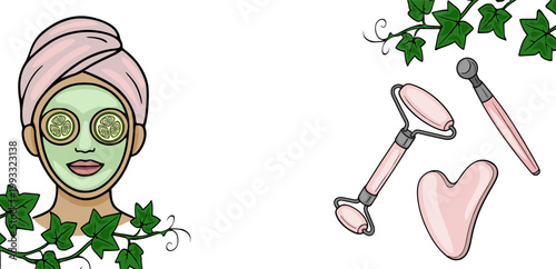 Woman with spa face mask and cucumber slices, vector illustration with beauty tools and ivy