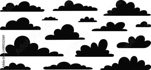 Fourteen distinct black cloud silhouettes arranged in various sizes against a clean white backdrop