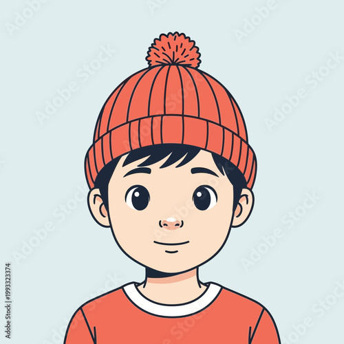 Cartoon boy wearing orange beanie hat.