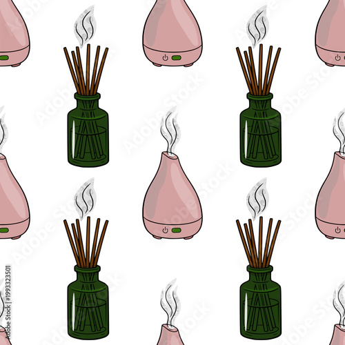 Seamless vector pattern of pink aroma diffusers and green reed diffusers with smoke