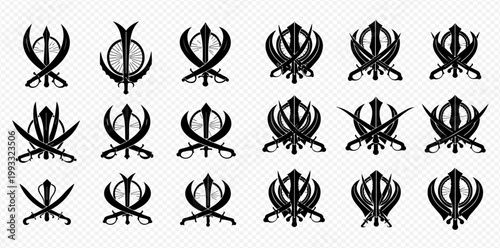 Set of Sikh Khanda symbols, a sacred emblem of Sikhism, representing divine power and justice.