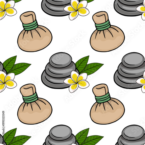 Seamless spa pattern vector with herbal compress balls, zen stones and plumeria flowers