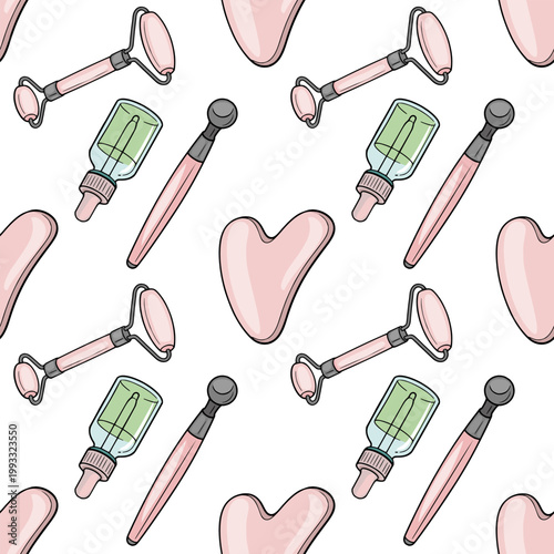 Seamless vector pattern of pink jade gua sha tools and face rollers with serum bottles