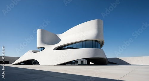 Futuristic white curved building with smooth organic shapes set in a minimal open landscape under blue sky.
