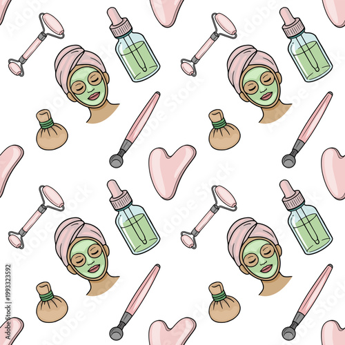 Seamless vector pattern of skincare tools and face mask, beauty routine illustration