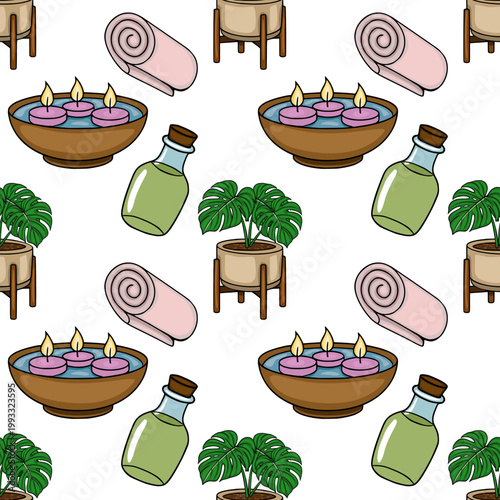Billede på lærred Seamless vector pattern of spa elements, including floating candles, rolled towels, essential oil bottles, and potted plants, for wellness and relaxation themes