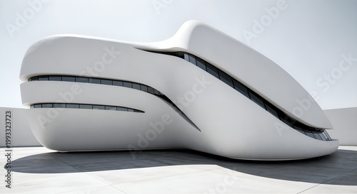 Compact futuristic building with layered curved volumes and smooth white surfaces.
