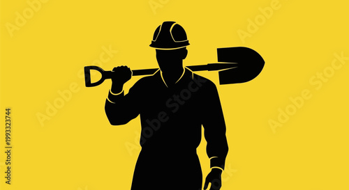Silhouette of a construction worker with a shovel on his shoulder.