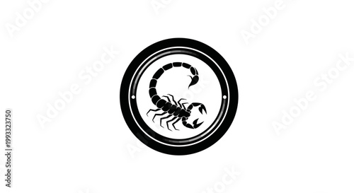 Black scorpion silhouette within circular frame on white background