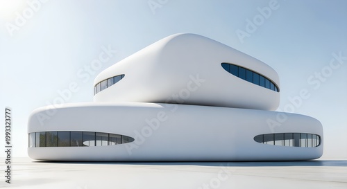 Stacked rounded futuristic building with soft curves and minimalistic design language.