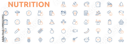 Nutrition icon set color outline style with fruits, meat, carbohydrate, vegetable, water, protein, mineral, calories, sugar, metabolism, supplement, nutrition plan, healthy food icons