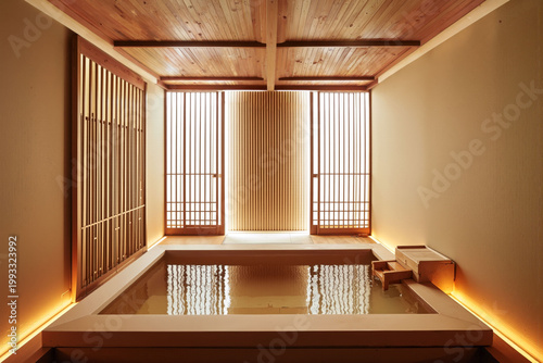 静寂に包まれた高級旅館の室内温泉、伝統的な木製風呂と温かい間接照明の癒やし空間