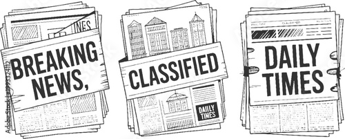 Stack of three newspapers with headlines breaking news classified and daily times in black and white line style