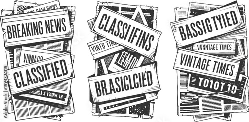Stacked vintage newspapers with bold headlines breaking news classified ads and vintage times
