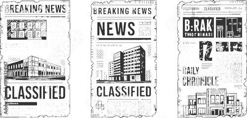 Three black and white newspaper clippings featuring breaking news classified ads and building