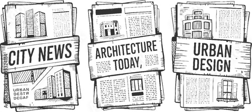 Three newspapers stacked featuring city news architecture today and urban with building