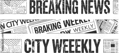 Three rows of black and white text and newspaper with distressed textures breaking city
