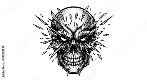 Dramatic skull illustration with shattered glass elements against white background