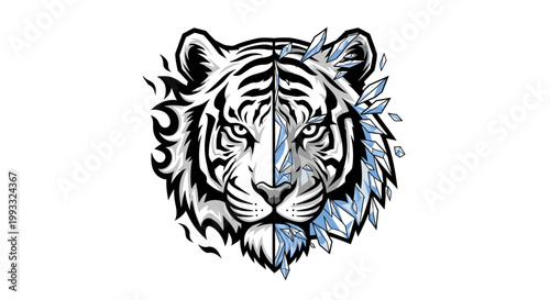 Dual nature tiger illustration fire and ice conceptual design on white
