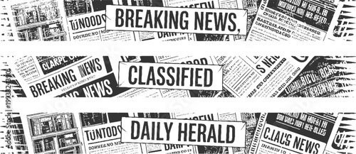Black and white newspaper headlines featuring breaking news classified ads and daily herald text
