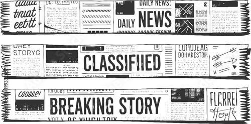 Black and white newspaper clippings with headlines and text