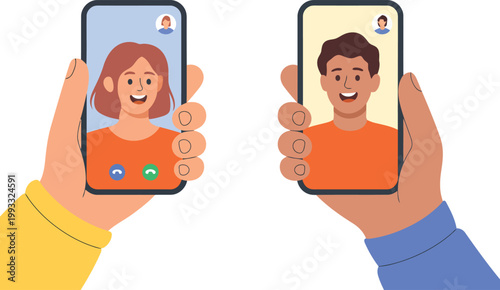 Hands hold smartphones with active video calls showing people and call buttons