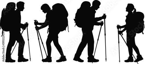 Group of four outdoor trekkers with large backpacks and walking poles hike on a white background