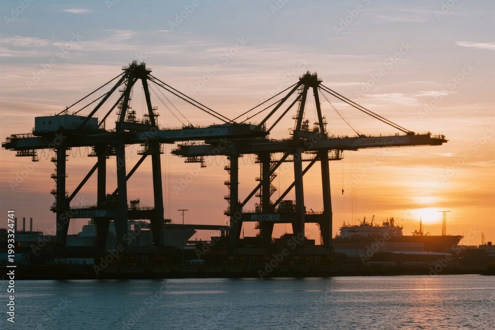 Fototapeta premium Silhouetted port cranes at sunset with cargo ship in the background
