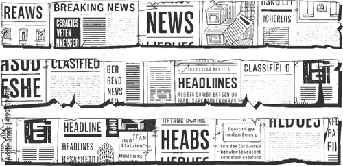 Black and white newspaper clippings with headlines and text blocks print