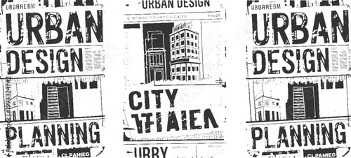 Black and white of urban and city planning text with building